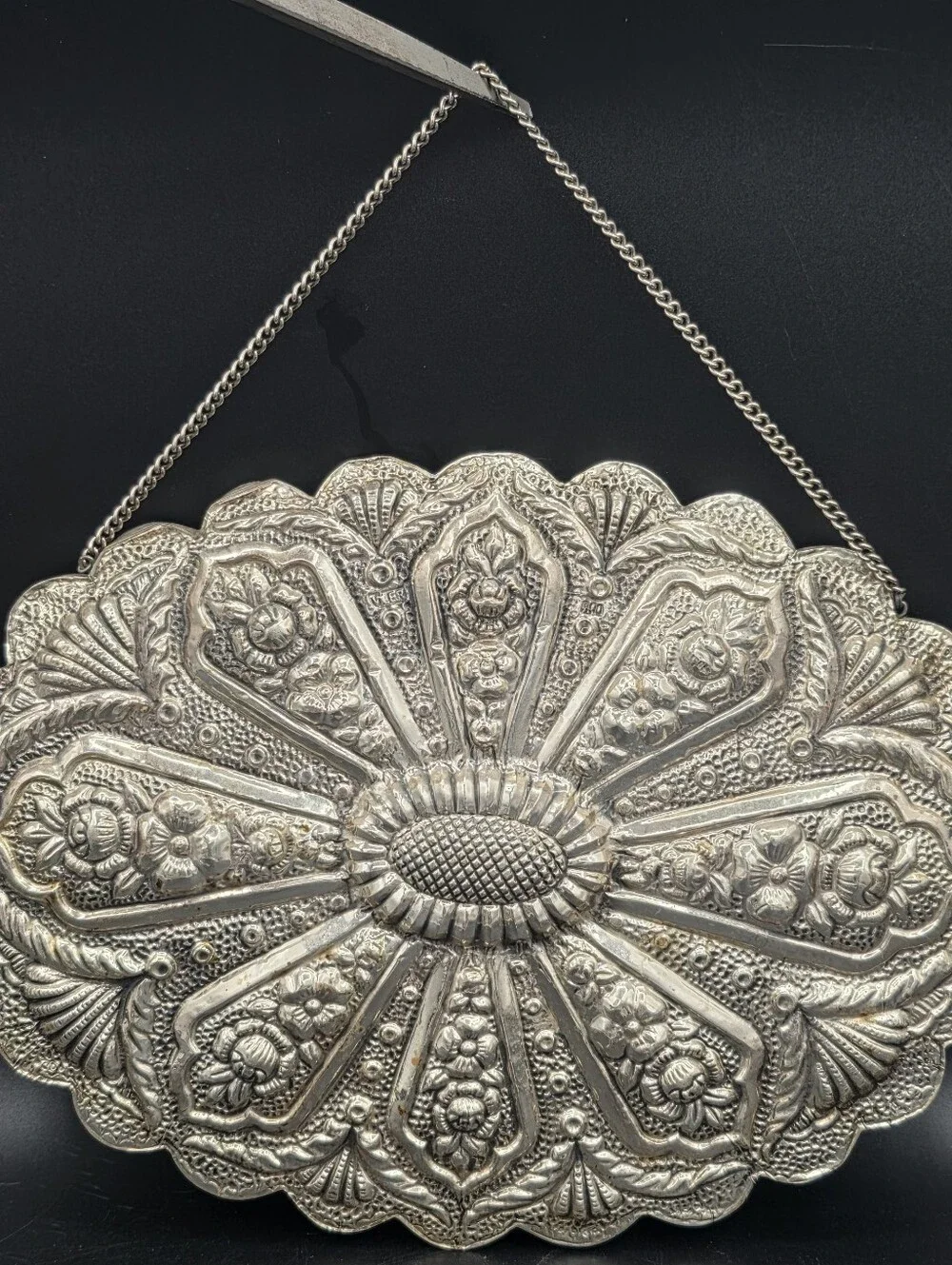 Vintage Turkish 900 Silver Repoussé Wedding Mirror VILER 9.75